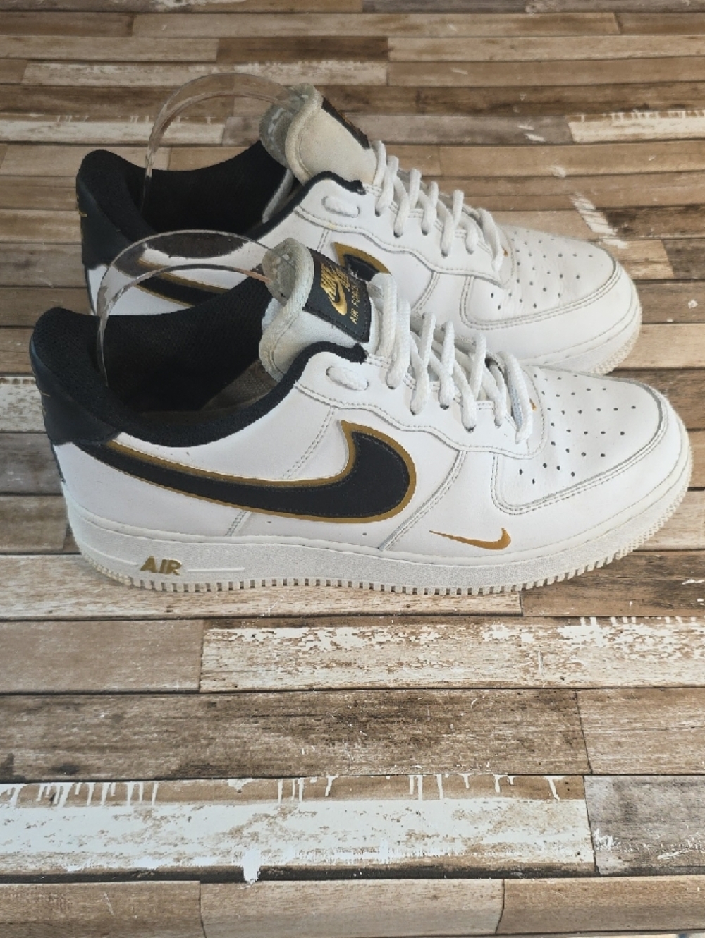 Nike White & Black Air Force 1 with Gold Logos - Picture 2 of 9